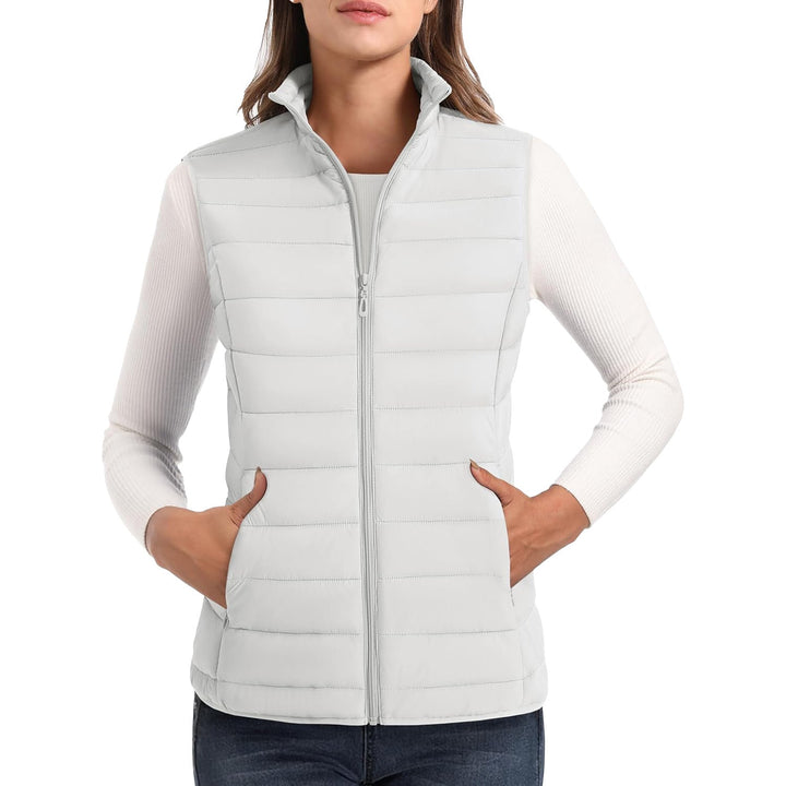 Women's Puffer Vest Lightweight Stand Collar Zip 4 Pockets Puffy Vests Sleeveless Quilted Padded Outerwear - MAGCOMSEN