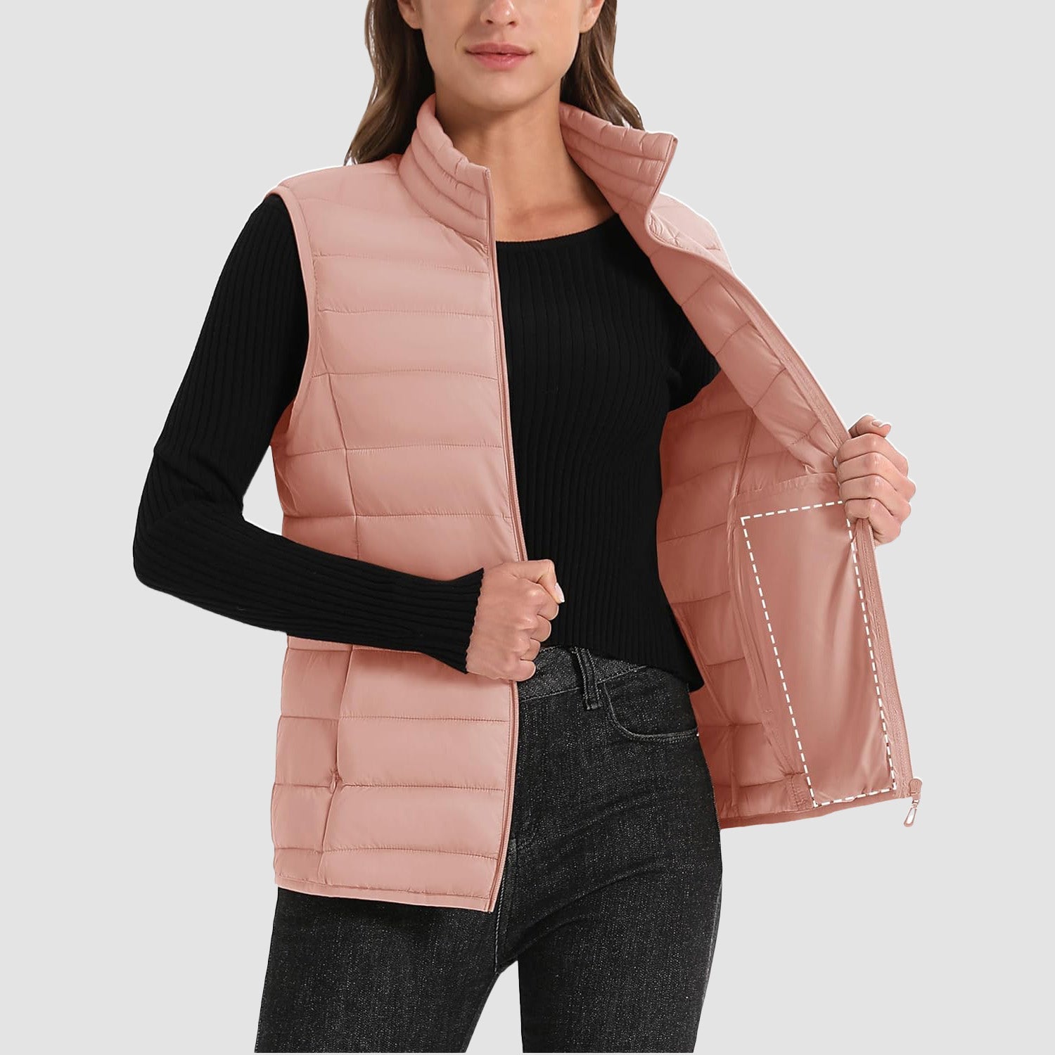 Women's Puffer Vest Lightweight Stand Collar Zip 4 Pockets Puffy Vests Sleeveless Quilted Padded Outerwear - MAGCOMSEN