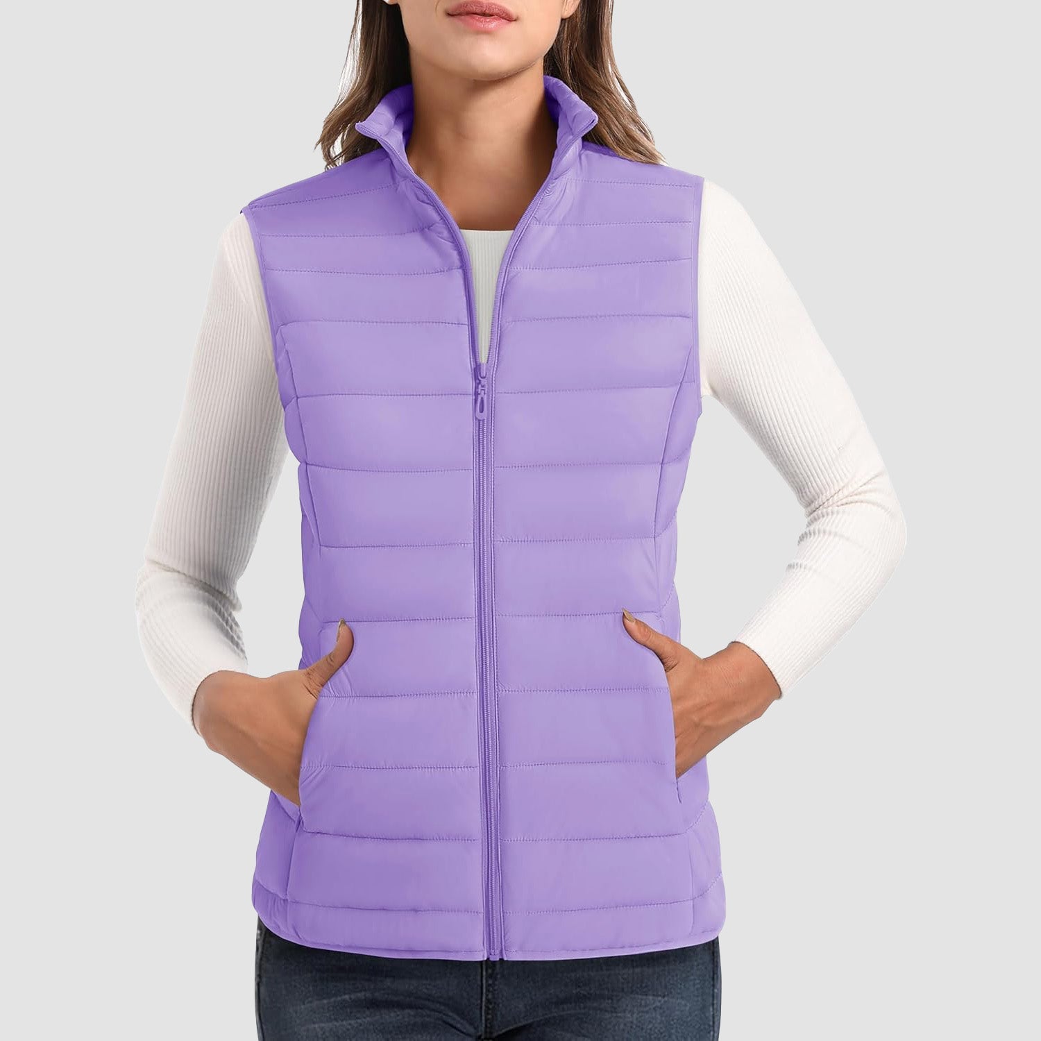 Women's Puffer Vest Lightweight Stand Collar Zip 4 Pockets Puffy Vests Sleeveless Quilted Padded Outerwear - MAGCOMSEN