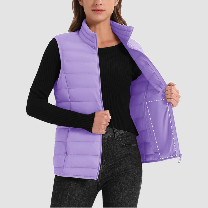 Women's Puffer Vest Lightweight Stand Collar Zip 4 Pockets Puffy Vests Sleeveless Quilted Padded Outerwear - MAGCOMSEN