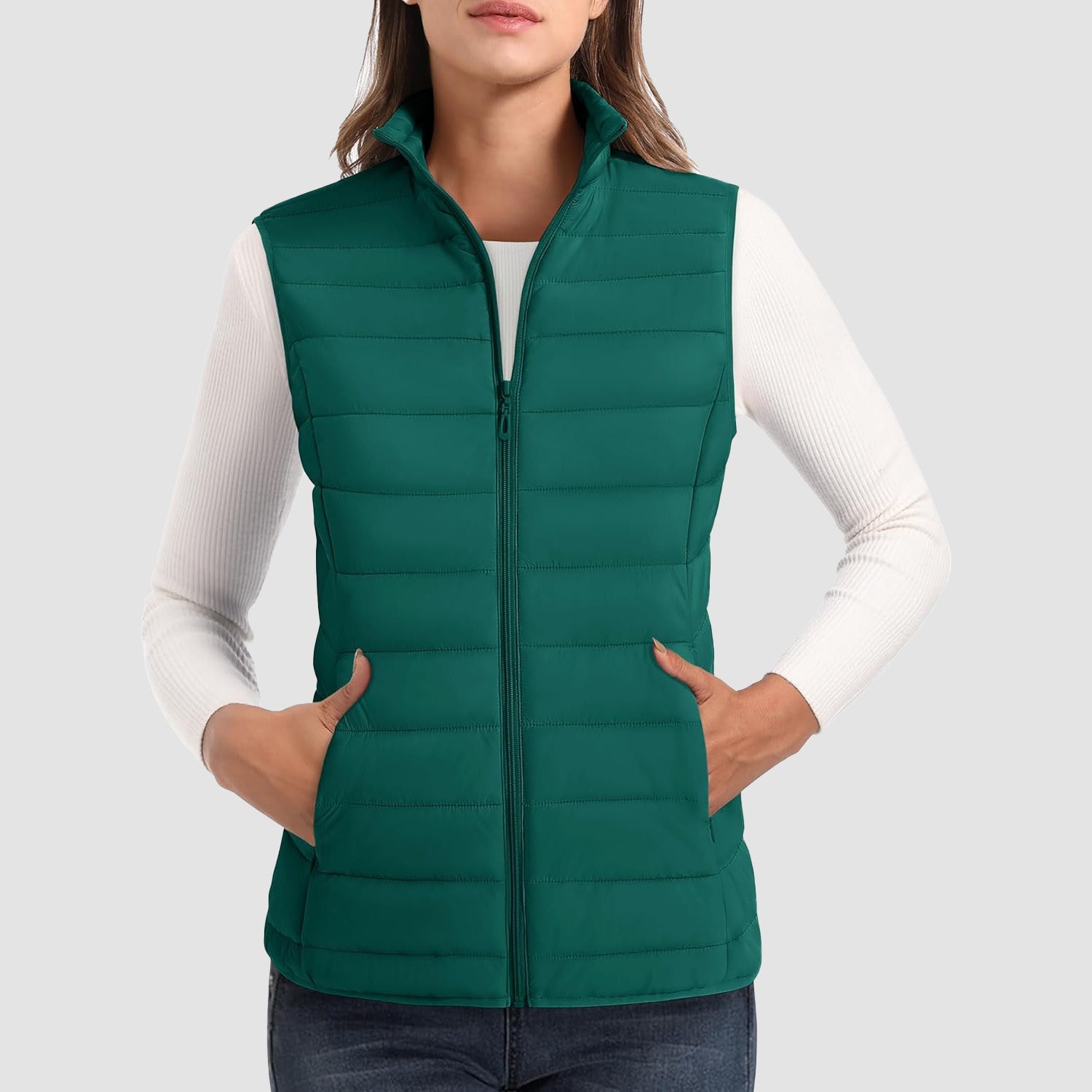 Women's Puffer Vest Lightweight Stand Collar Zip 4 Pockets Puffy Vests Sleeveless Quilted Padded Outerwear - MAGCOMSEN