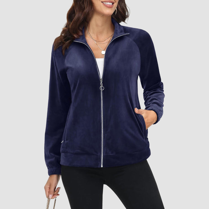 Women's Velour Jackets Full Zip Up Fleece Jacket With Zipper Pockets Soft Winter Jackets - MAGCOMSEN