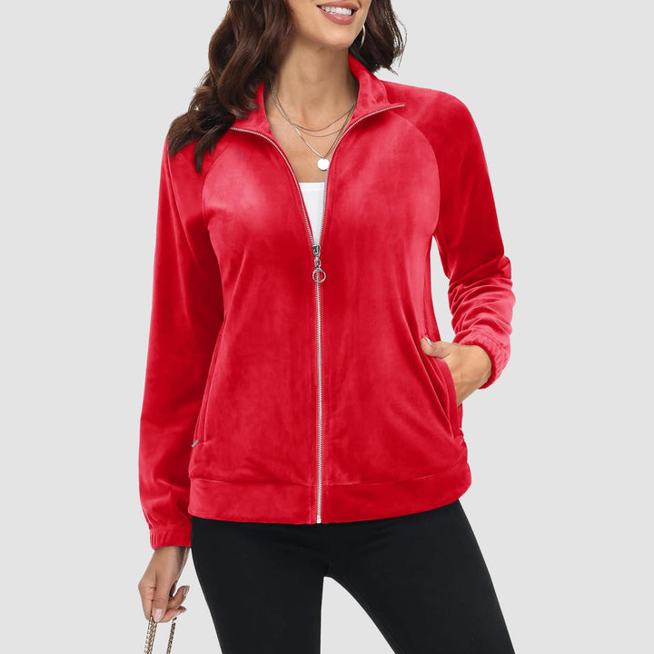 Women's Velour Jackets Full Zip Up Fleece Jacket With Zipper Pockets Soft Winter Jackets - MAGCOMSEN