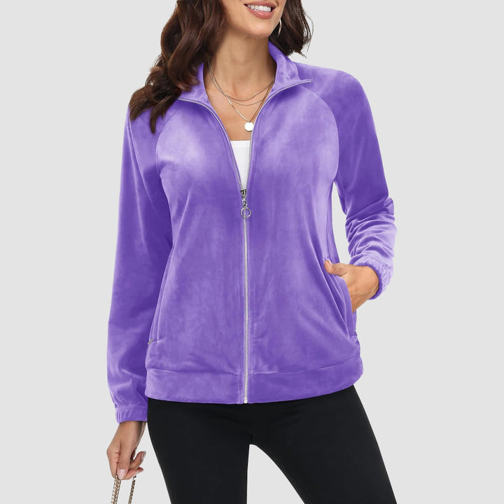 Women's Velour Jackets Full Zip Up Fleece Jacket With Zipper Pockets Soft Winter Jackets - MAGCOMSEN