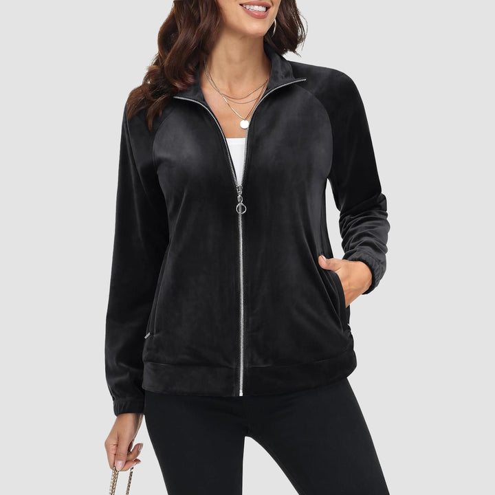 Women's Velour Jackets Full Zip Up Fleece Jacket With Zipper Pockets Soft Winter Jackets - MAGCOMSEN