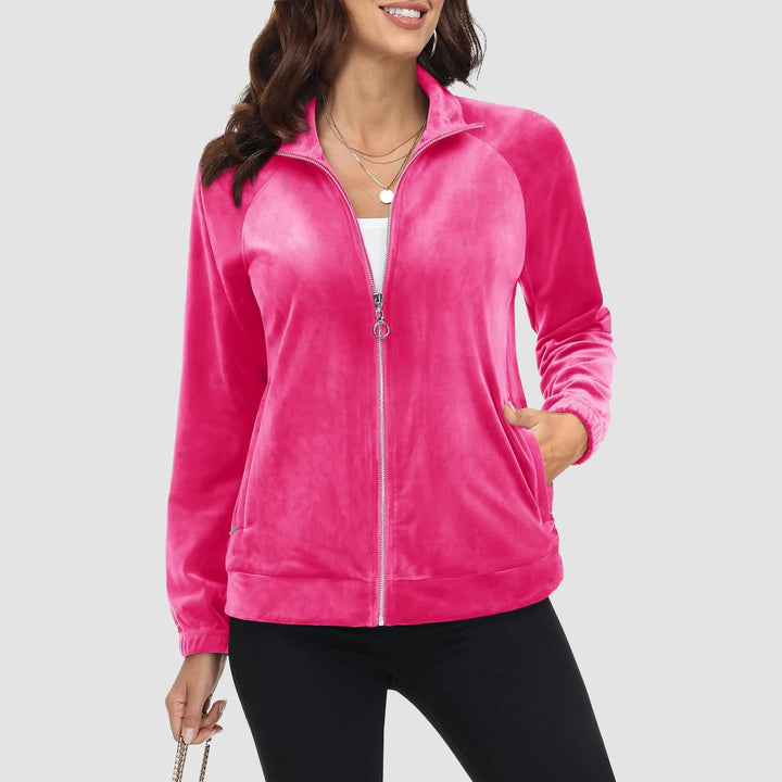 Women's Velour Jackets Full Zip Up Fleece Jacket With Zipper Pockets Soft Winter Jackets - MAGCOMSEN