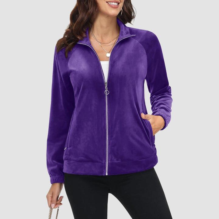 Women's Velour Jackets Full Zip Up Fleece Jacket With Zipper Pockets Soft Winter Jackets - MAGCOMSEN