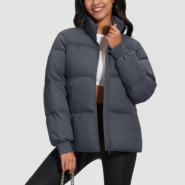 Women's Winter Down Puffer Jackets Stand Collar Zip Up Water Resistant Warm Padded Quilted Coat with Pockets - MAGCOMSEN