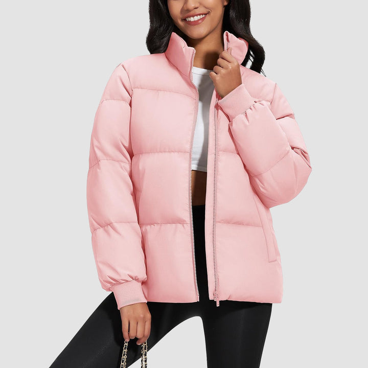 Women's Winter Down Puffer Jackets Stand Collar Zip Up Water Resistant Warm Padded Quilted Coat with Pockets - MAGCOMSEN