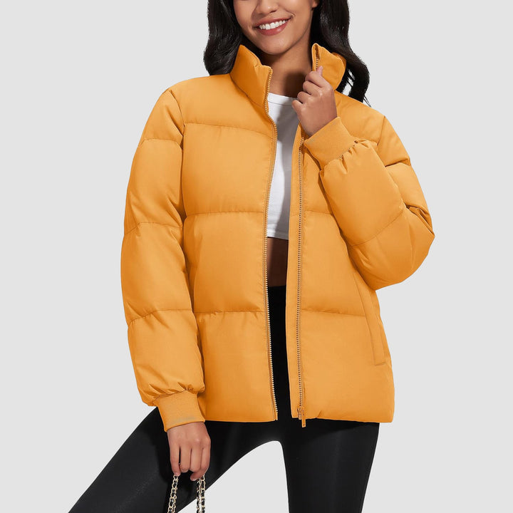 Women's Winter Down Puffer Jackets Stand Collar Zip Up Water Resistant Warm Padded Quilted Coat with Pockets - MAGCOMSEN