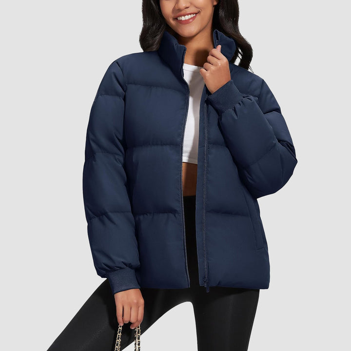 Women's Winter Down Puffer Jackets Stand Collar Zip Up Water Resistant Warm Padded Quilted Coat with Pockets - MAGCOMSEN