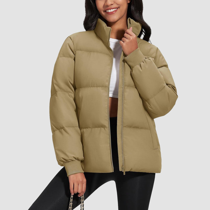 Women's Winter Down Puffer Jackets Stand Collar Zip Up Water Resistant Warm Padded Quilted Coat with Pockets - MAGCOMSEN