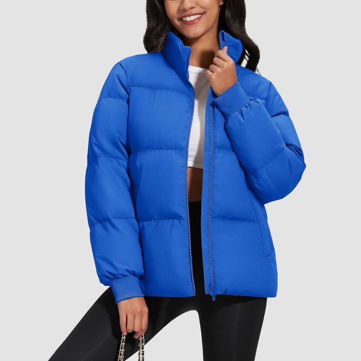 Women's Winter Down Puffer Jackets Stand Collar Zip Up Water Resistant Warm Padded Quilted Coat with Pockets - MAGCOMSEN