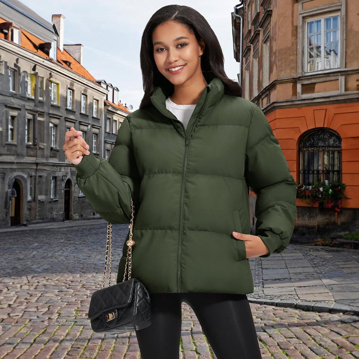 Women's Winter Down Puffer Jackets Stand Collar Zip Up Water Resistant Warm Padded Quilted Coat with Pockets - MAGCOMSEN