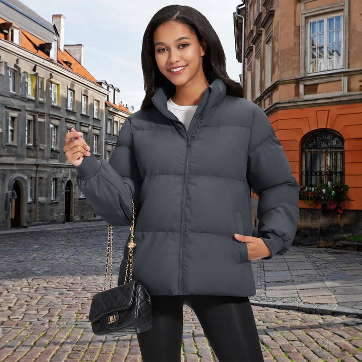 Women's Winter Down Puffer Jackets Stand Collar Zip Up Water Resistant Warm Padded Quilted Coat with Pockets - MAGCOMSEN