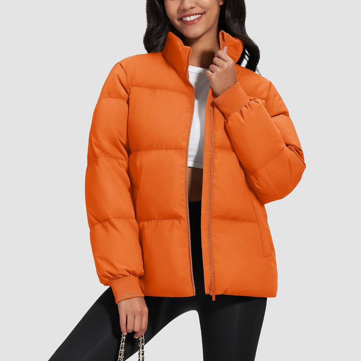 Women's Winter Down Puffer Jackets Stand Collar Zip Up Water Resistant Warm Padded Quilted Coat with Pockets - MAGCOMSEN