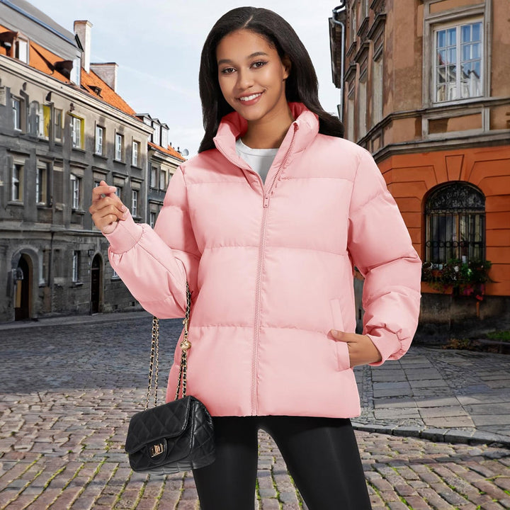 Women's Winter Down Puffer Jackets Stand Collar Zip Up Water Resistant Warm Padded Quilted Coat with Pockets - MAGCOMSEN