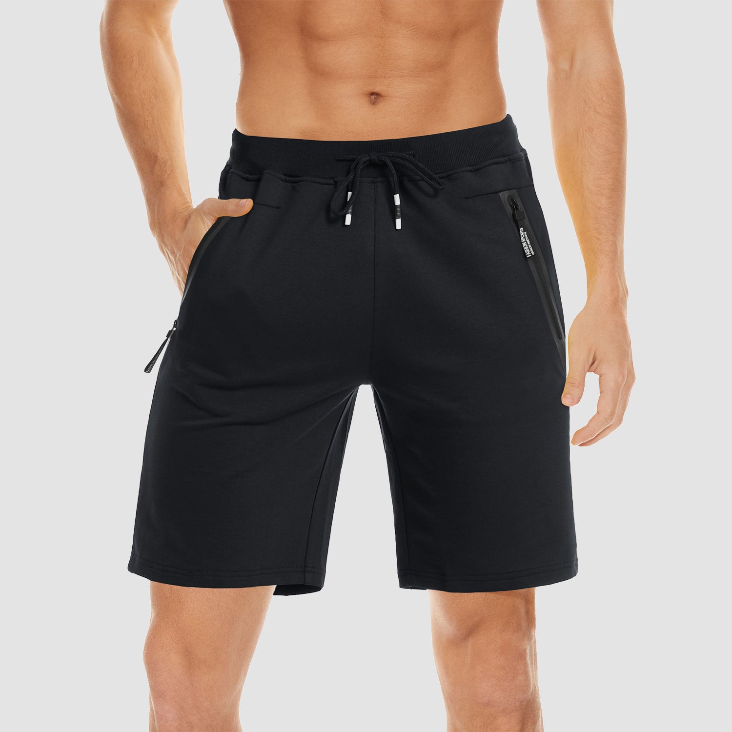Men Cotton Running Elastic Waist Zipper Pockets Drawstring Gym Trainging Fitness Sports Joggers Shorts