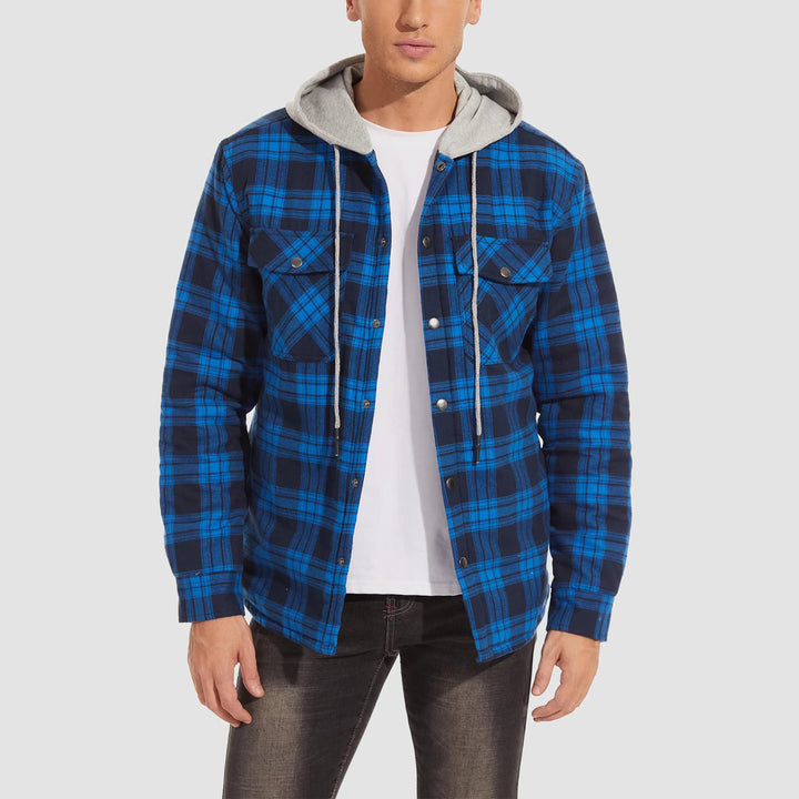 Men's Flannel Shirt Jacket with Hood Long Sleeve Quilted Lined Plaid Coat Button Down Thick Hoodie Outwear Winter