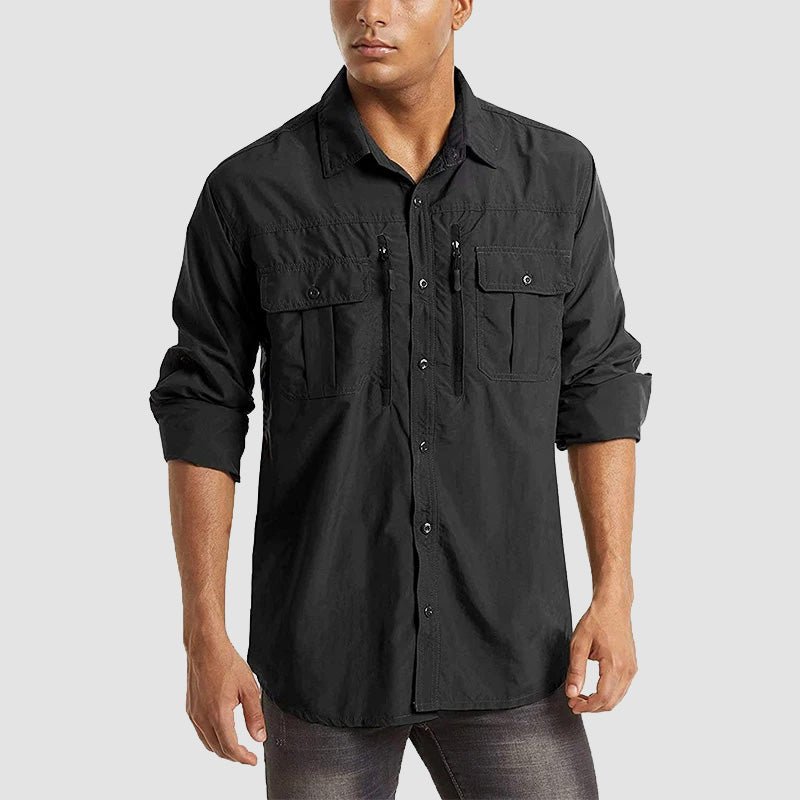 Men's Tactical Shirts Quick Dry UV Protection Breathable Long Sleeve Hiking Fishing Shirts, Black / XL