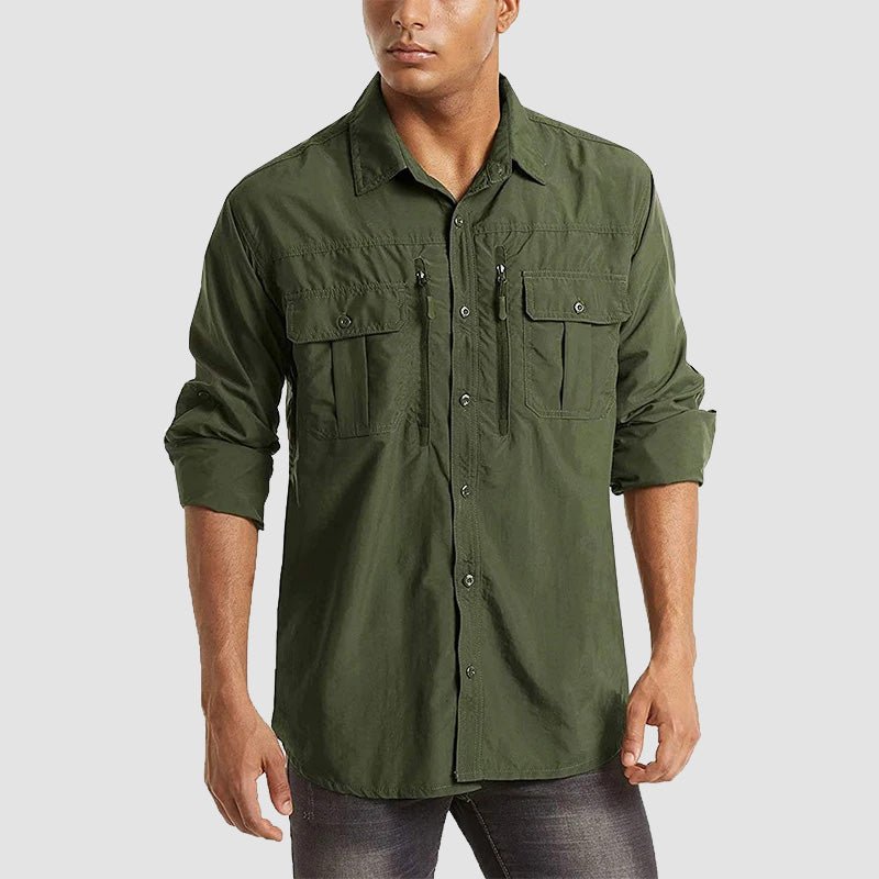 Men's Tactical Shirts Quick Dry UV Protection Breathable Long Sleeve Hiking Fishing Shirts, Army-green / 2XL