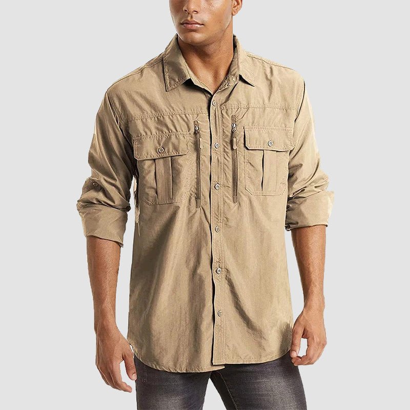 Satankud Men's Long Sleeve Fishing Shirts UPF 50+ Sun  Protection Lightweight Hiking Travel Work Button Down Shirt Zipper Pocket  (Khaki,Small) : Clothing, Shoes & Jewelry