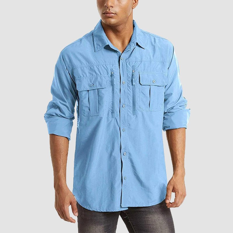 Men's Tactical Shirts Quick Dry UV Protection Breathable Long Sleeve Hiking Fishing Shirts, Sky-blue / 2XL
