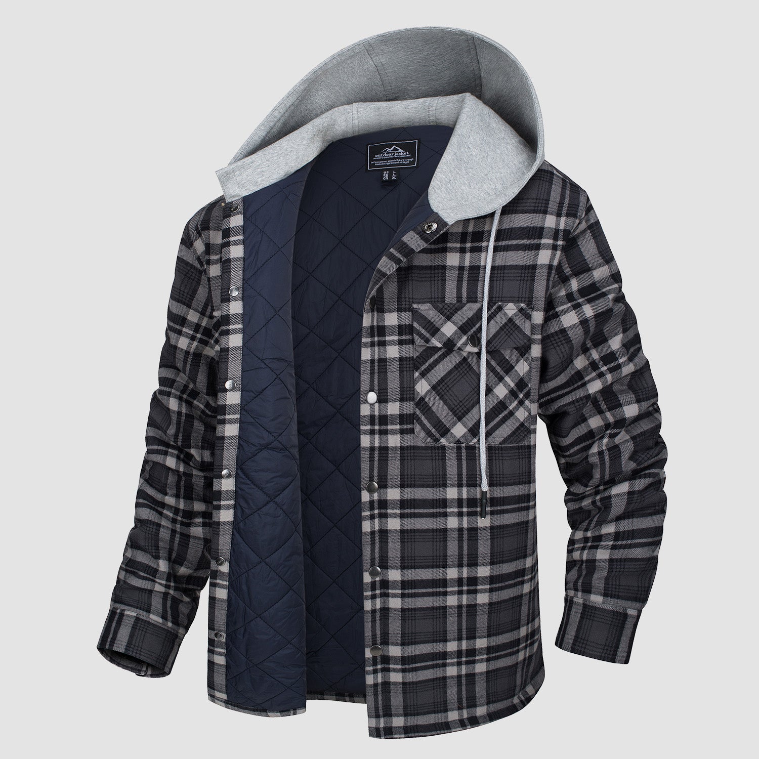 Men's Flannel Plaid Shirt Jacket with Hood Quilted Lined  Coat