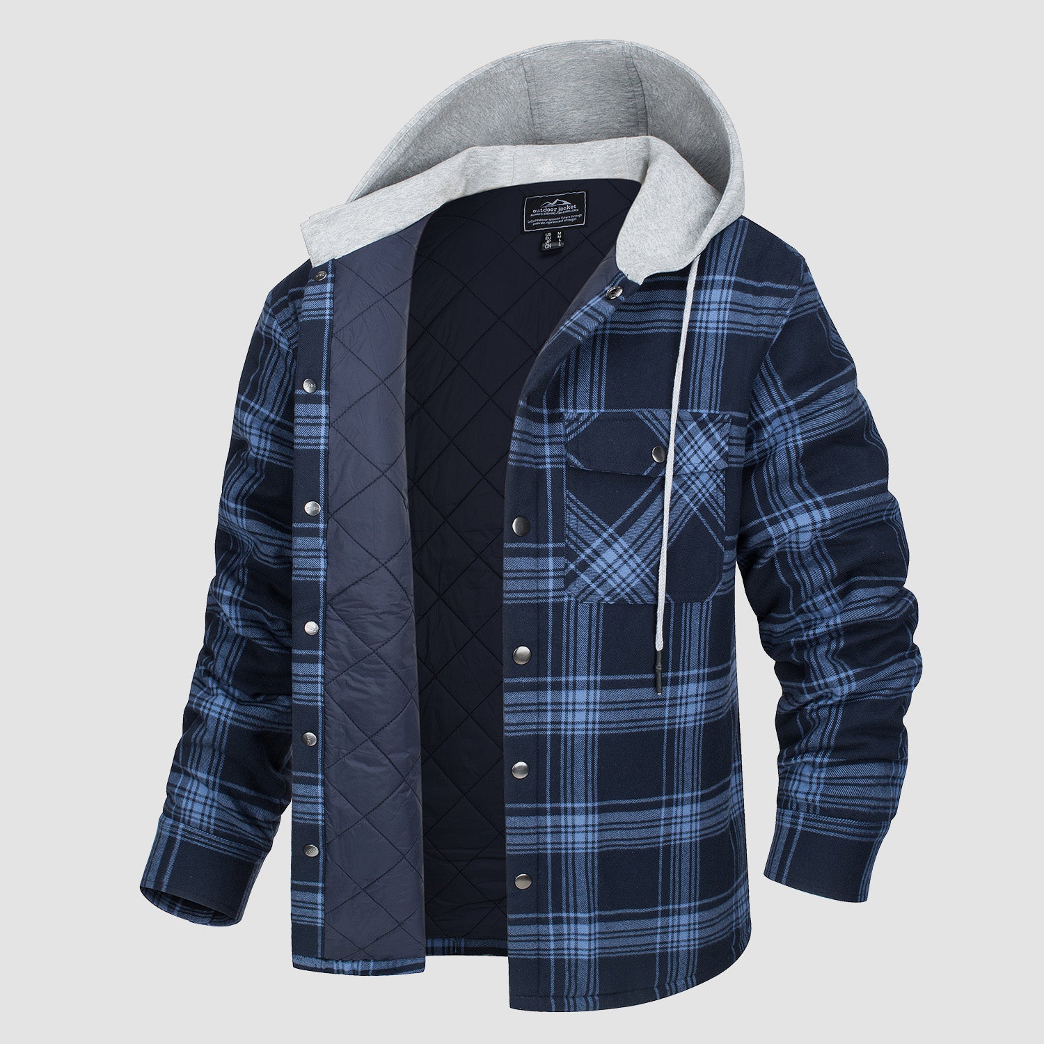 Men's Flannel Plaid Shirt Jacket with Hood Quilted Lined  Coat