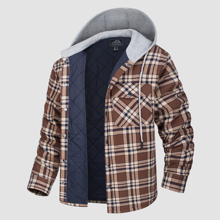 Men's Flannel Plaid Shirt Jacket with Hood Quilted Lined  Coat - MAGCOMSEN