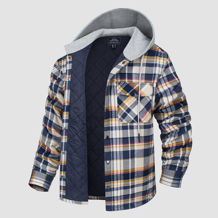 Men's Flannel Plaid Shirt Jacket with Hood Quilted Lined  Coat - MAGCOMSEN