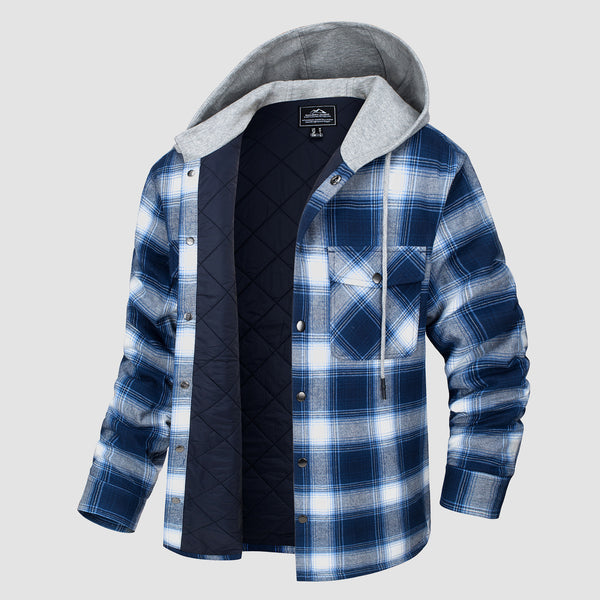 Men's Flannel Plaid Shirt Jacket with Hood Quilted Lined  Coat - MAGCOMSEN