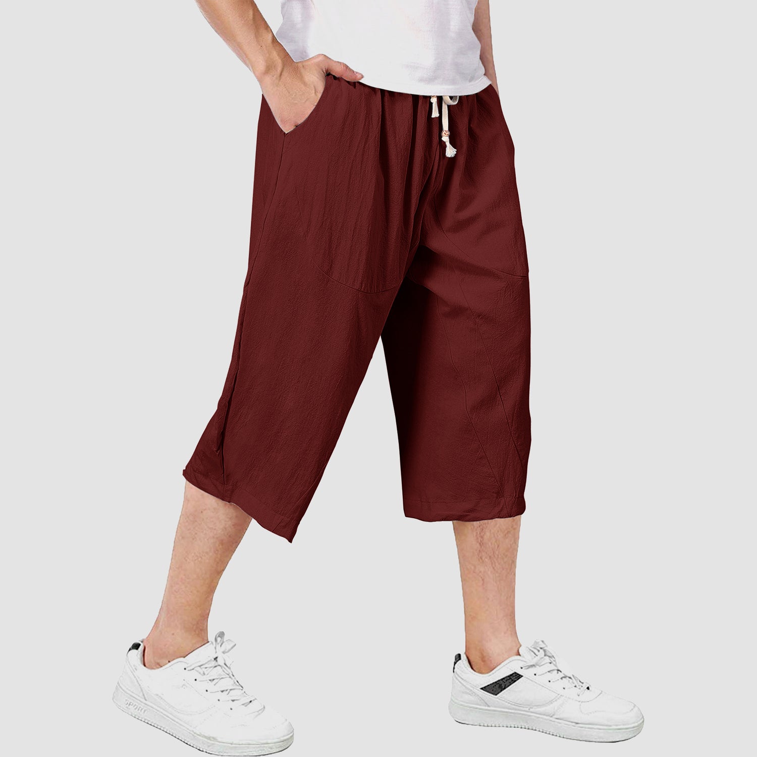 Amazon.com: hhaappyy Men's Baggy Linen Capri Pants, Casual Solid Color  Loose Elastic Waist Drawstring Harem Yoga Long Shorts with Pockets :  Clothing, Shoes & Jewelry