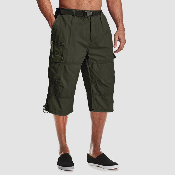 Men Summer Casual 3/4 Long Cargo Twill Cotton Elastic Waist Multiple Pockets Baggy Comfortable Capris Trousers