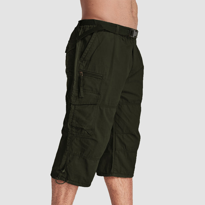 Men Summer Casual 3/4 Long Cargo Twill Cotton Elastic Waist Multiple Pockets Baggy Comfortable Capris Trousers