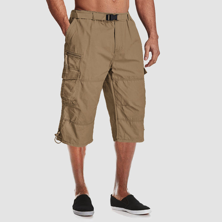 Men Summer Casual 3/4 Long Cargo Twill Cotton Elastic Waist Multiple Pockets Baggy Comfortable Capris Trousers