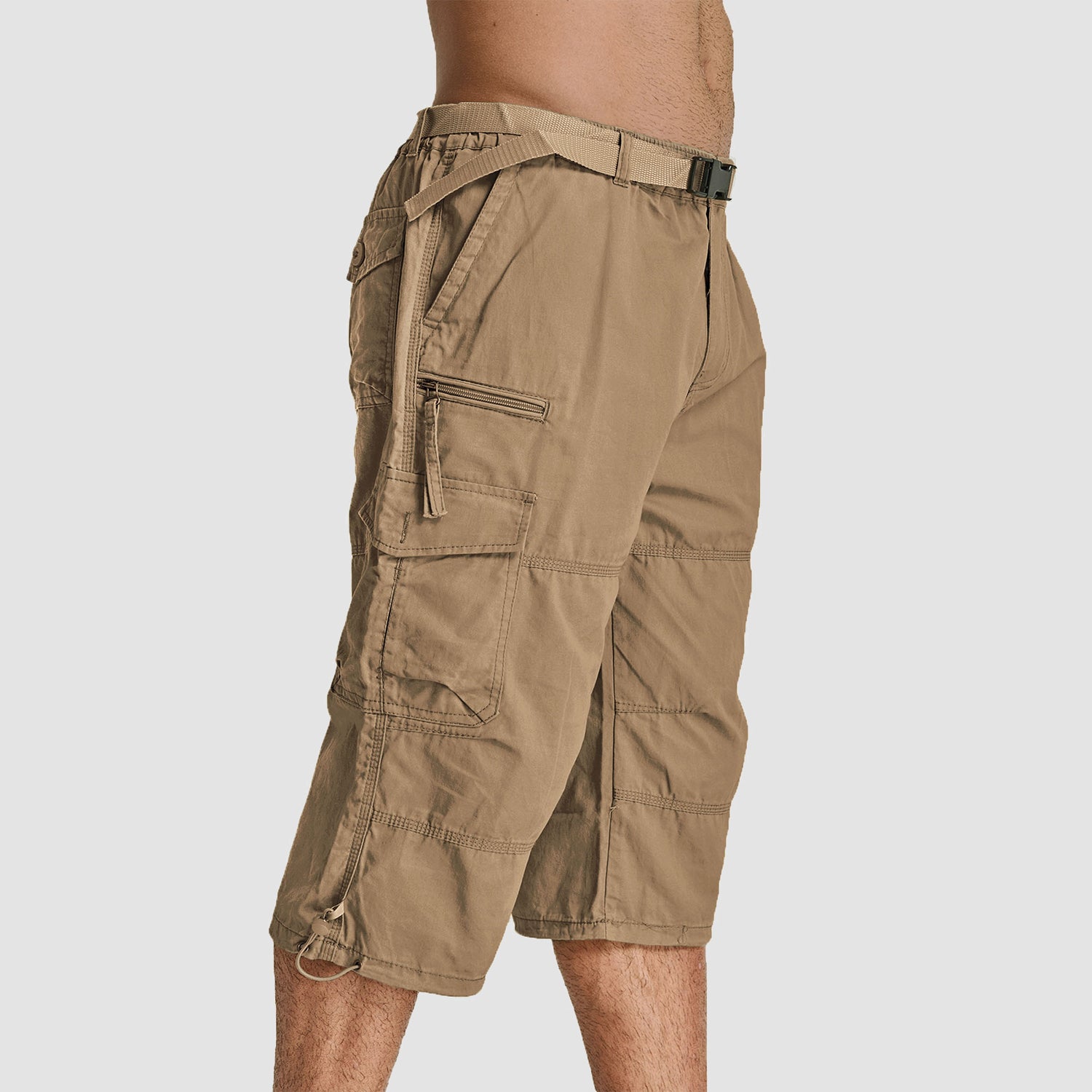 Men Summer Casual 3/4 Long Cargo Twill Cotton Elastic Waist Multiple Pockets Baggy Comfortable Capris Trousers