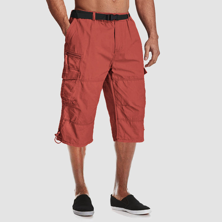 Men Summer Casual 3/4 Long Cargo Twill Cotton Elastic Waist Multiple Pockets Baggy Comfortable Capris Trousers