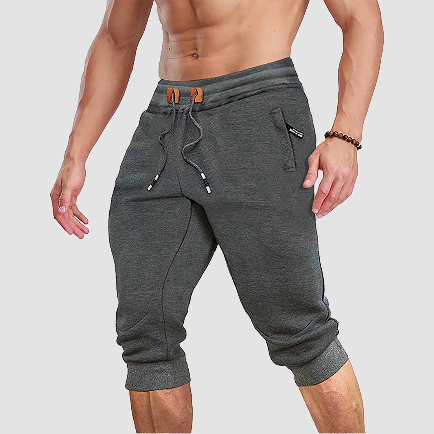 Mens Shorts 3/4 Length Joggers Summer Gym Running Clothes Casual Cotton  Capri Pants Zip Pocket Sweatpants