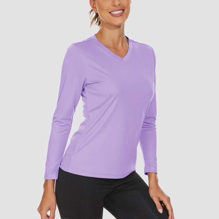 Women's Long Sleeve Shirts UPF 50+ Sun Protection T Shirts V Neck Hiking Shirt Running Workout Performance Tee - MAGCOMSEN