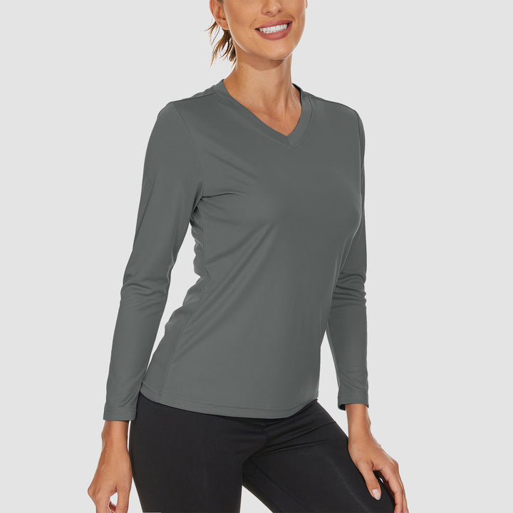 Women's Long Sleeve Shirts UPF 50+ Sun Protection T Shirts V Neck Hiking Shirt Running Workout Performance Tee - MAGCOMSEN