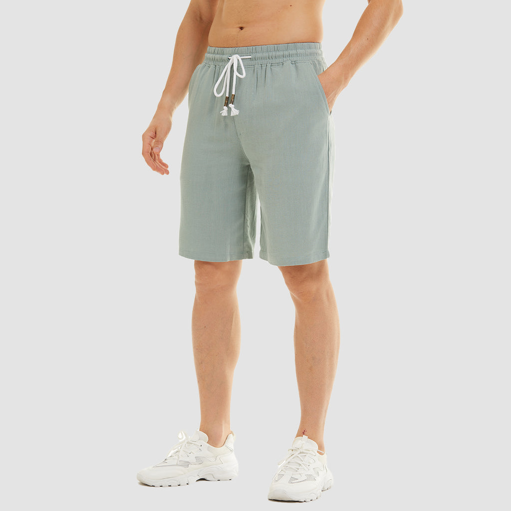 Men Linen Cotton Shorts Fashion Solid Color Drawstring Elastic Waist