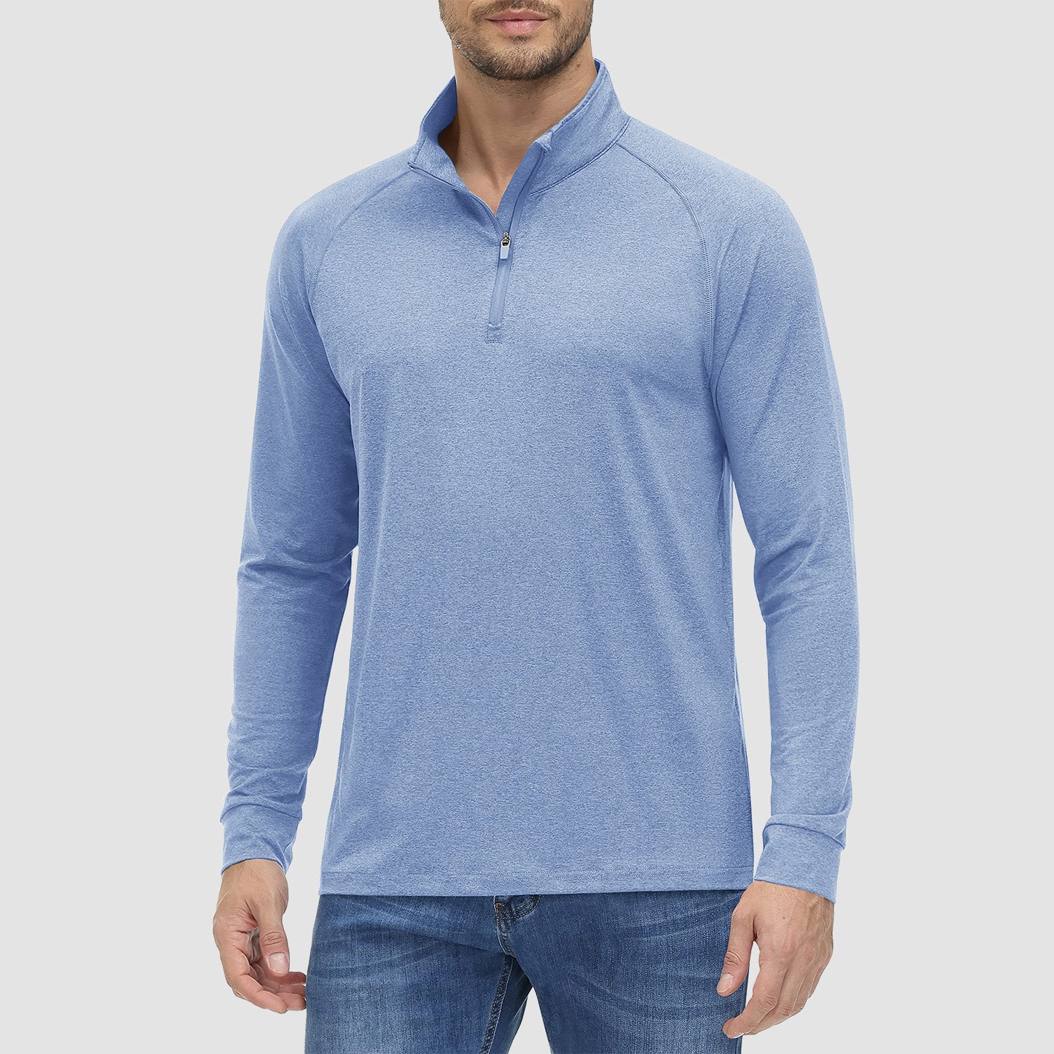 Men's 1/4 Zip Long Sleeve Polo Shirt UPF 50+ Quick Dry Shirt, Light Blue / XS