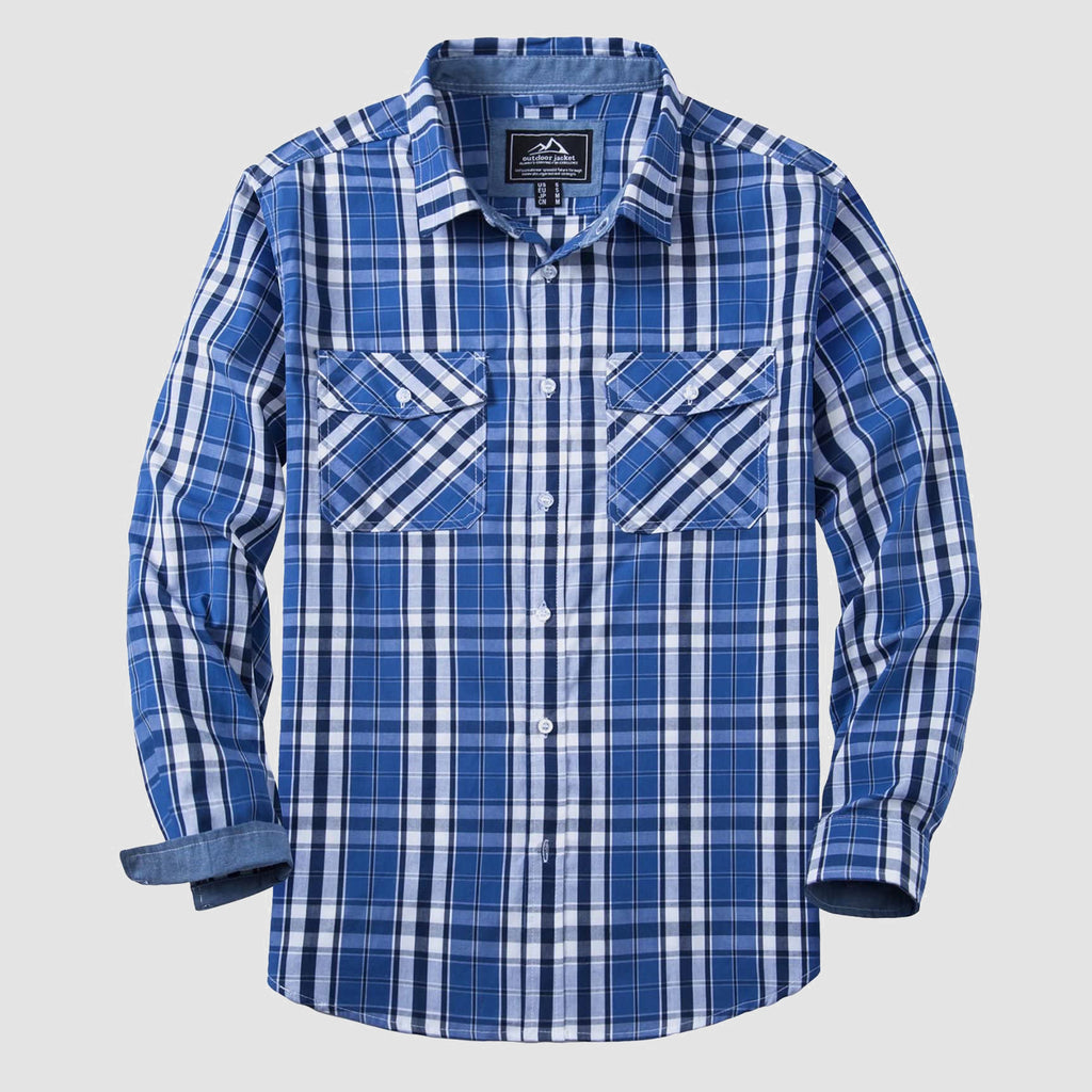 Men's Casual Plaid Button Down Shirts with 2 Pockets Denim Collar Poplin Shirts