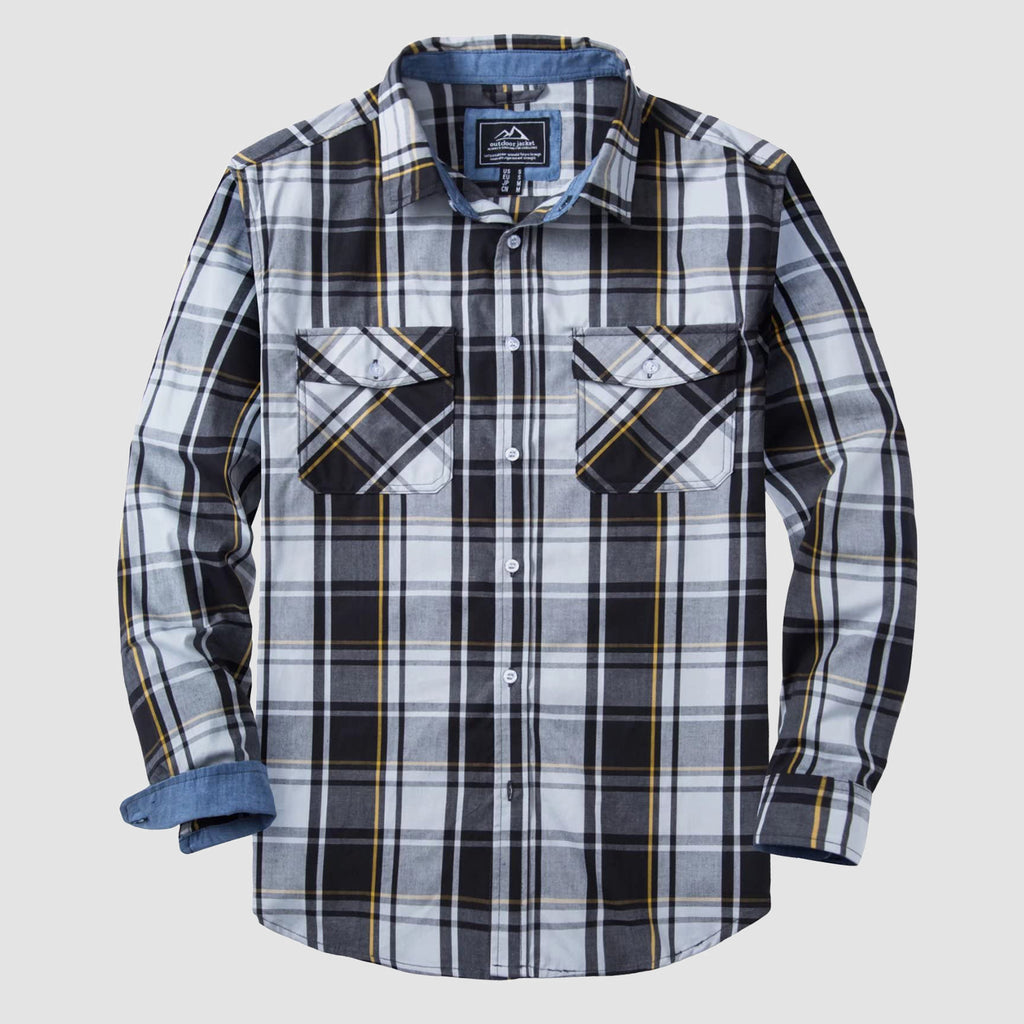 Men's Casual Plaid Button Down Shirts with 2 Pockets Denim Collar Poplin Shirts