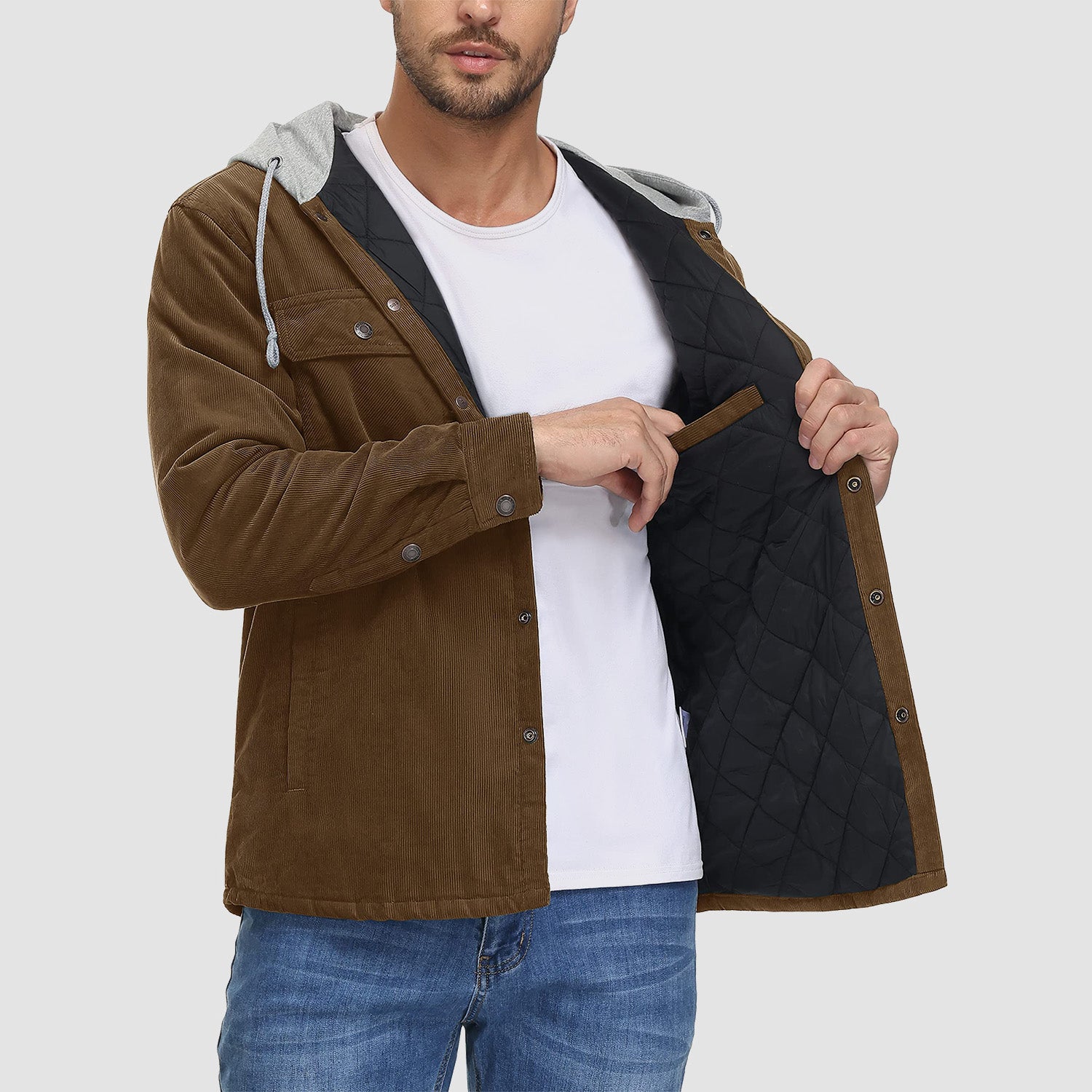 Men's Corduroy Jacket Hoodies Quilted Lined Winter Jacket