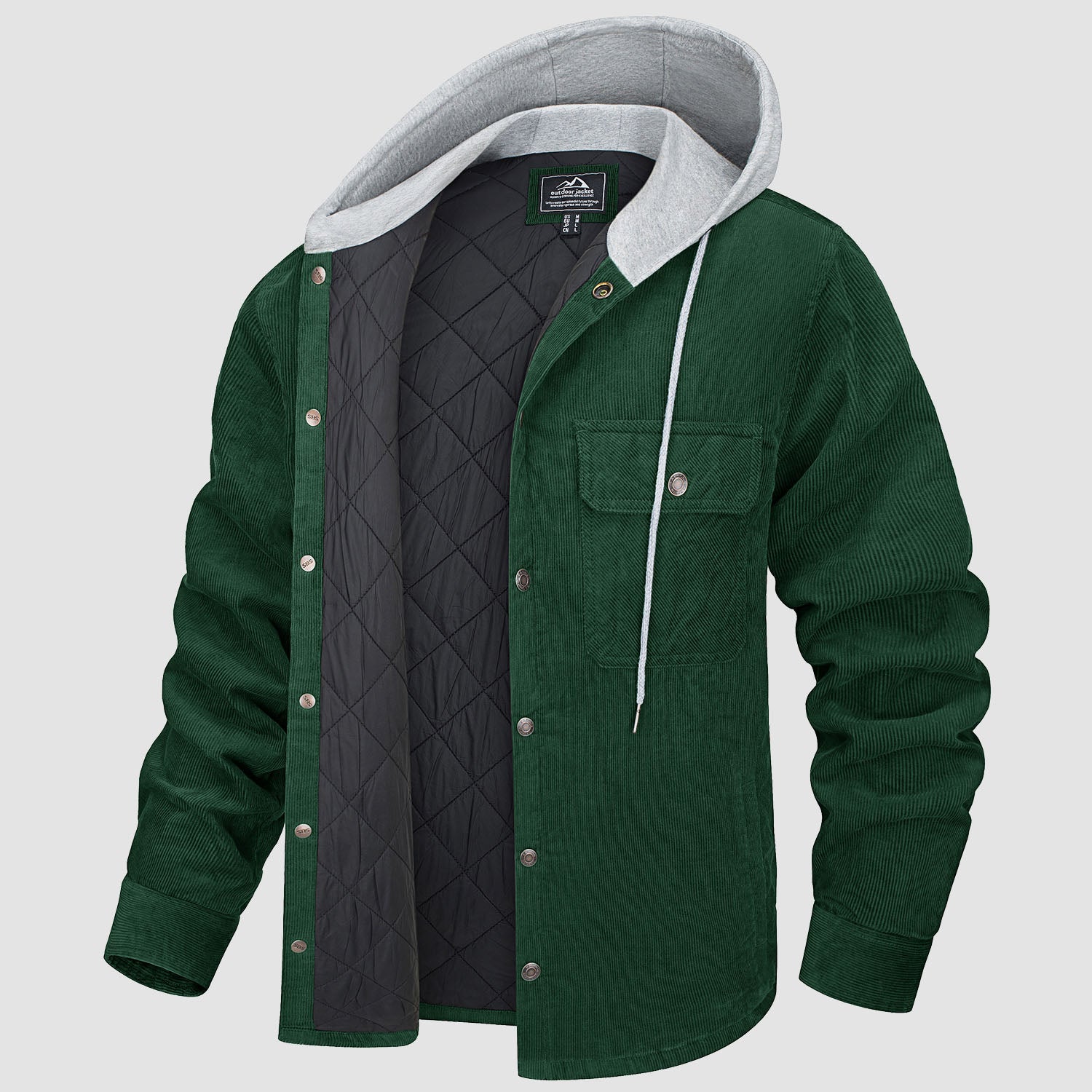 Men's Corduroy Jacket Hoodies Quilted Lined Winter Jacket, Jade Green / XL
