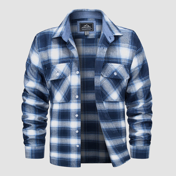 Men's Cotton Flannel Shirts Long Sleeve Casual Button Down Plaid Fleece Shirts 2 Pockets