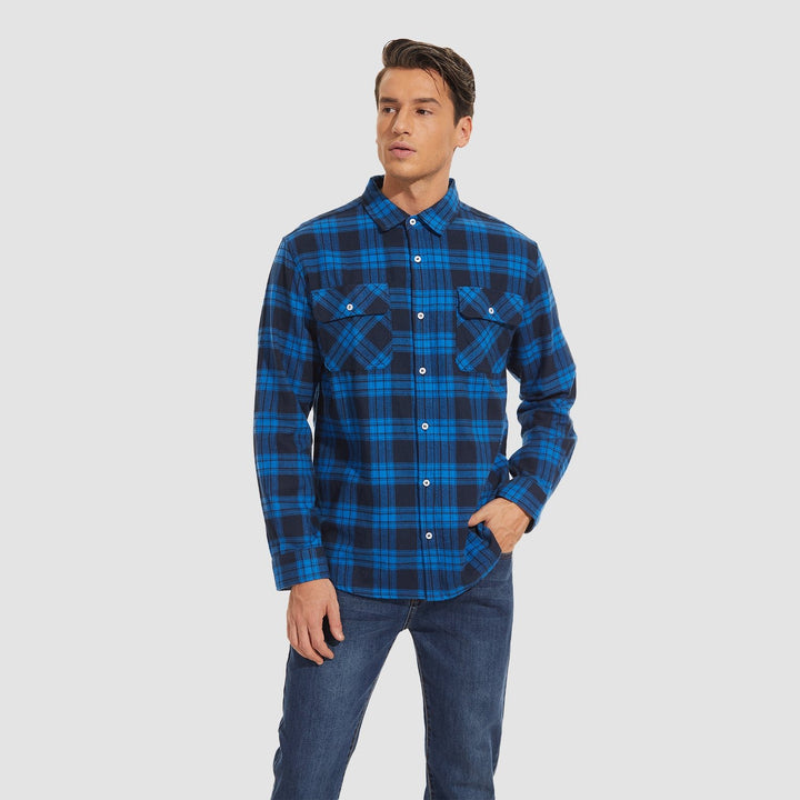 Men's Cotton Flannel Shirts Long Sleeve Casual Button Down Plaid Fleece Shirts 2 Pockets