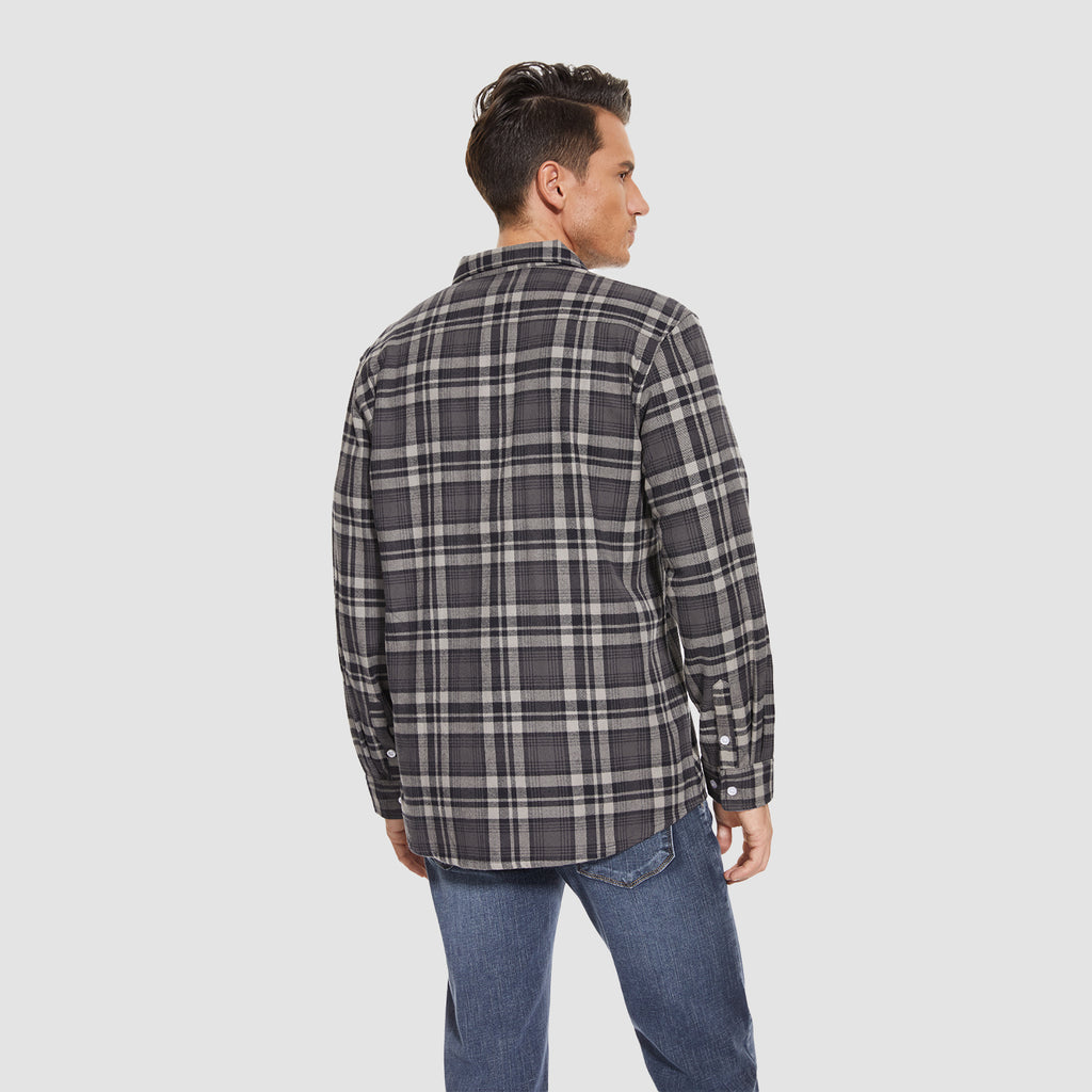 Men's Cotton Flannel Shirts Long Sleeve Casual Button Down Plaid Fleece Shirts 2 Pockets